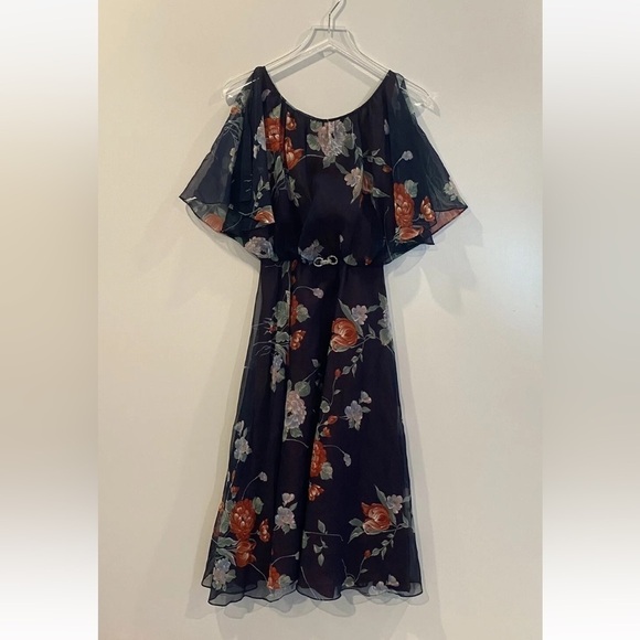 Vintage Blue Floral Cape Overlay Chiffon Dress Rhinestone Pin Accent 10 (740)‎ - Picture 1 of 3